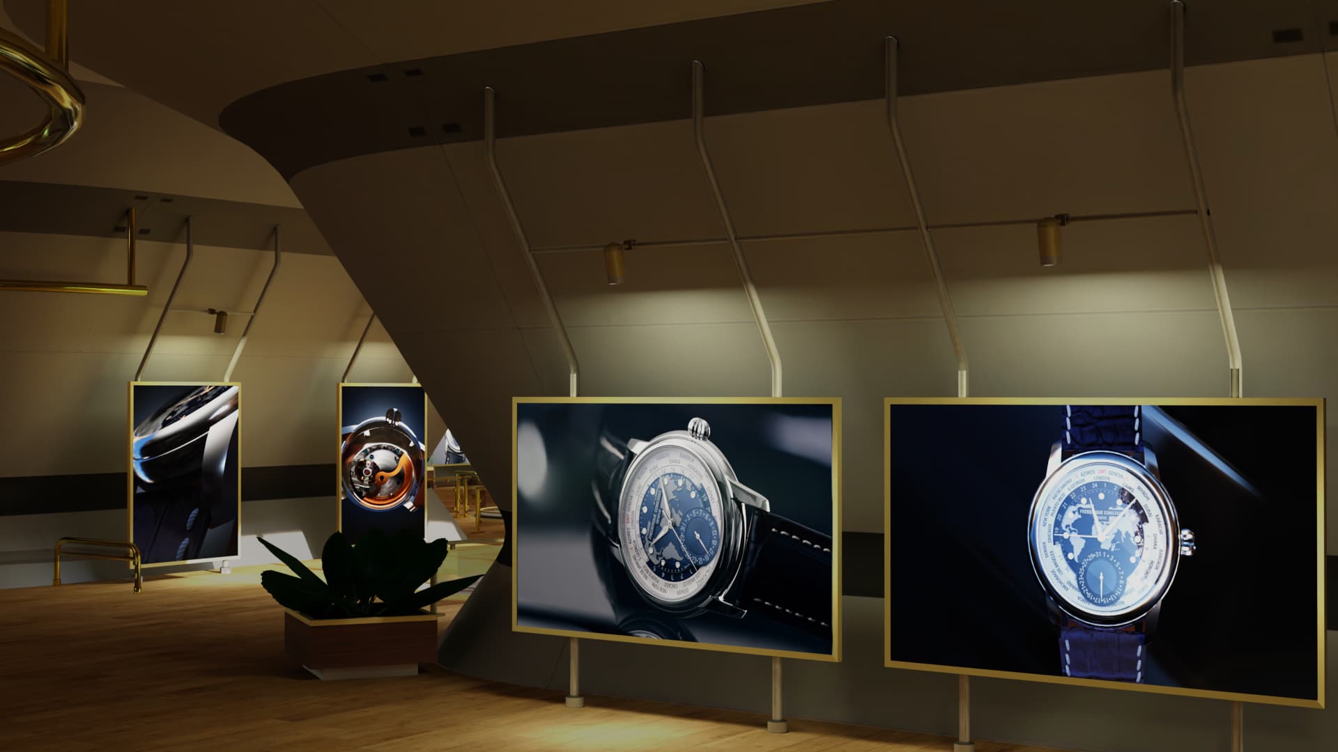 Le Frédérique Constant Metacube, environnement personnalisé interactif en 3D créé pour le lancement de la Classics Worldtimer Manufacture dans le métavers, grâce à la technologie Spatial.