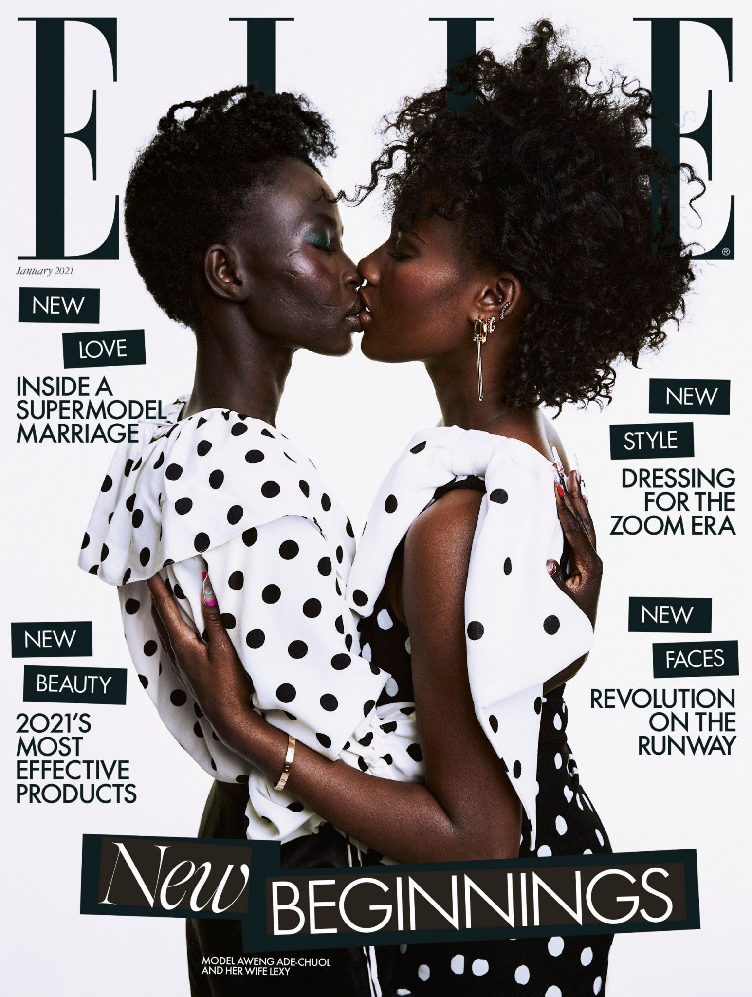 ELLE UK, janvier 2021, le mannequin Aweng Ade-Chuol et sa compagne Alexus