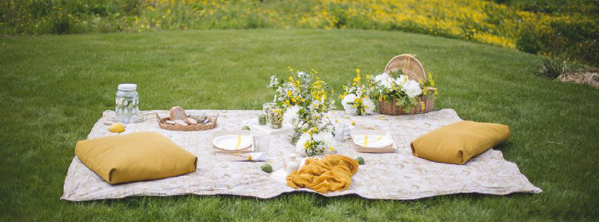 Mariage: pique-nique champêtre en jaune et blanc