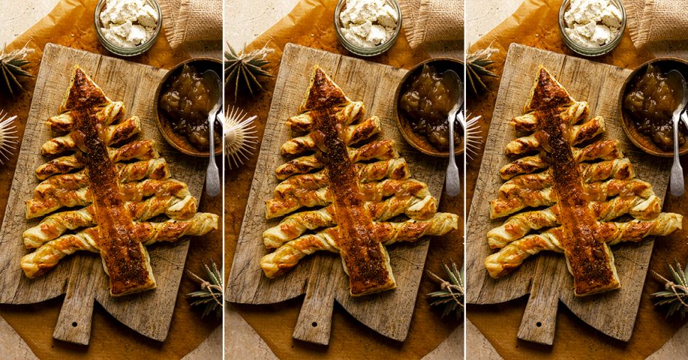 Sapin de Noël feuilleté au fromage frais ail et fines herbes et confit d’oignons