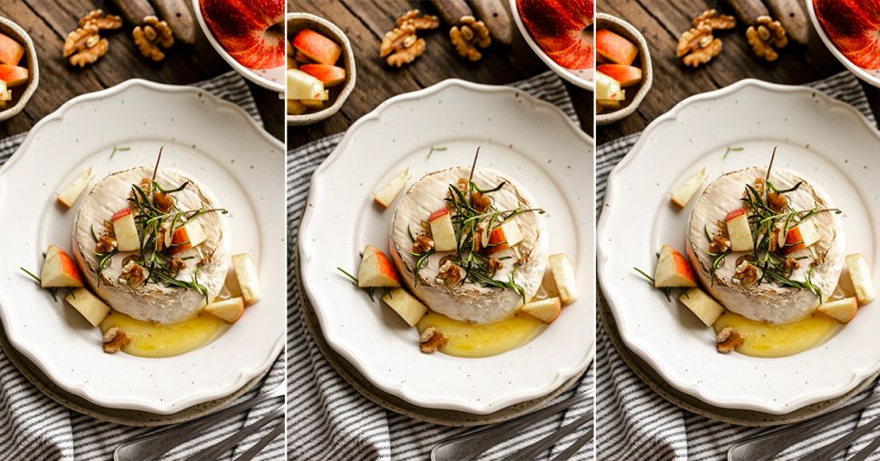 Brie de vache cuit au four, romarin, pommes et noix