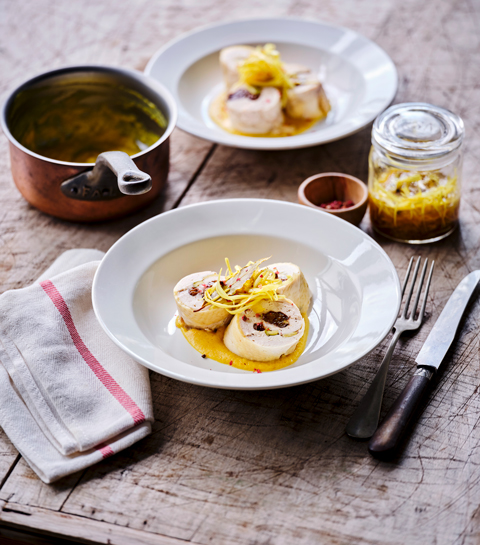 Recette gourmande : les roulades de poulet fermier Label Rouge à la pistache et poireau aigre-doux