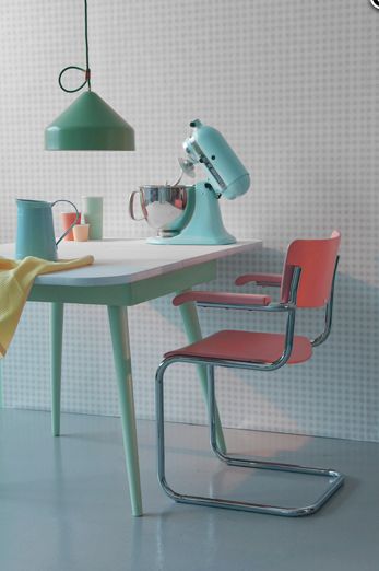 interieur, deco, sorbet, ijs, pastel, fifties, modern, kleur, trend, 2018, citroen, turquoise, accessoires, muur, verf