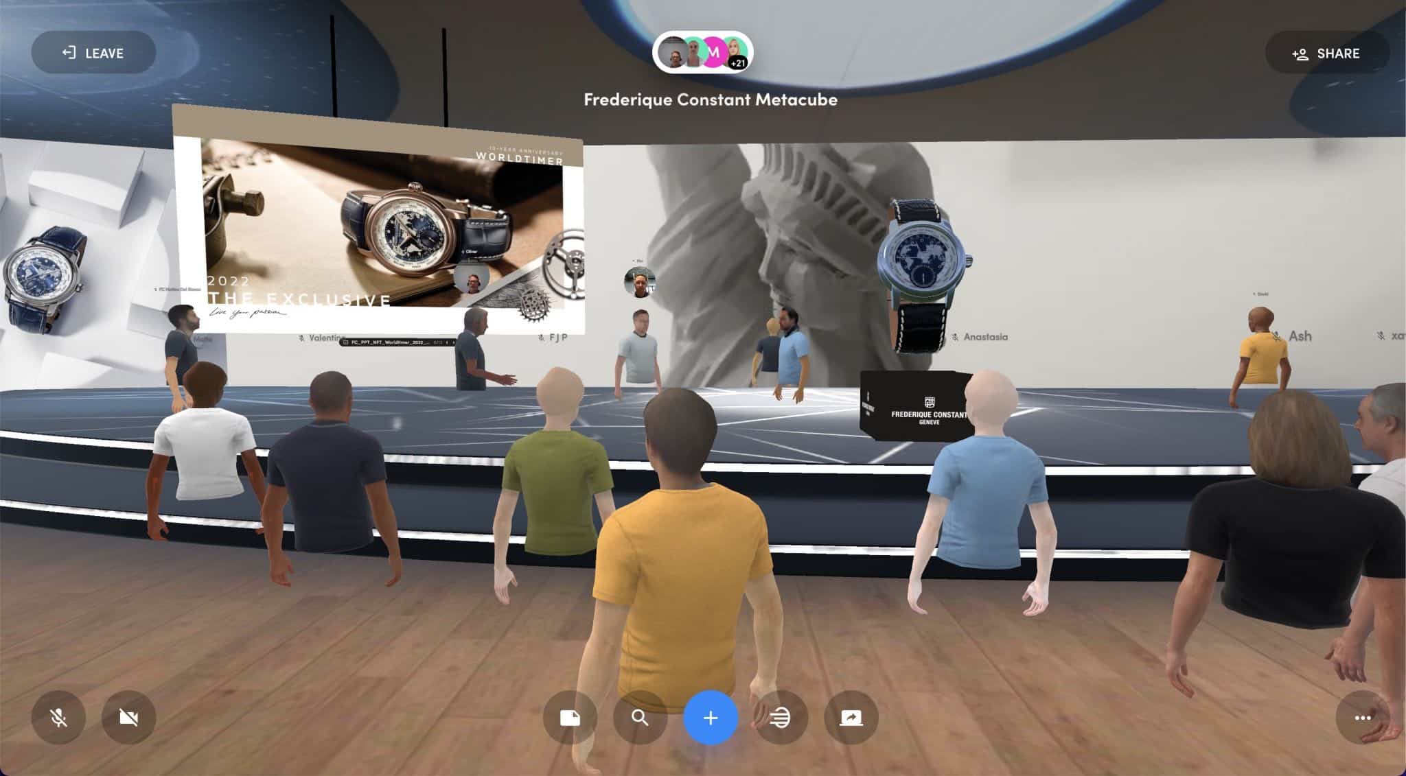 De Frédérique Constant Metacube, een gepersonaliseerde interactieve 3D-ruimte die met Spatial-technologie gecreëerd werd voor de lancering van de Classics Worldtimer in de metaverse