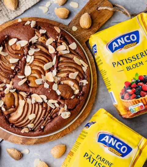 Chocolade peer brownie met Anco-bloem